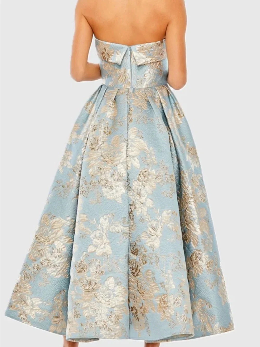 Strapless Blue Floral Brocade Midi Dress - Picture 2 of 5